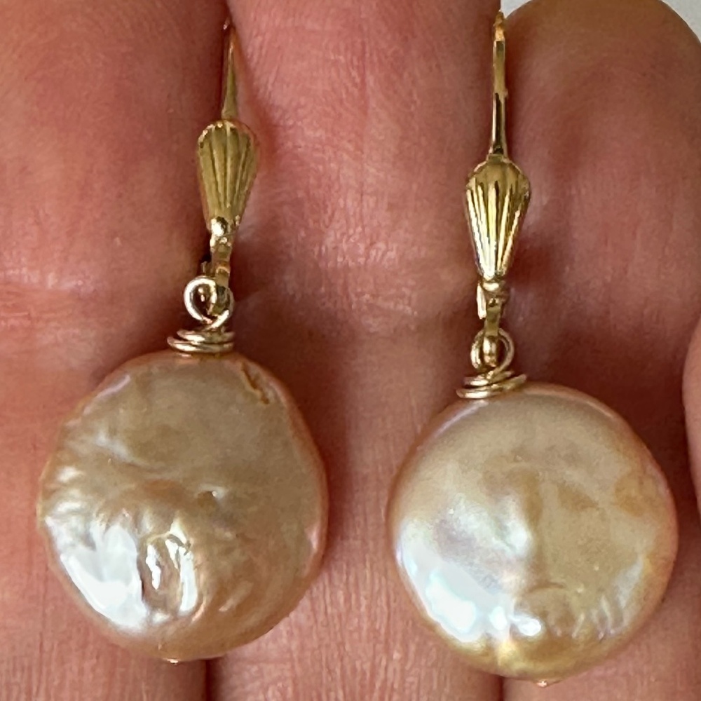 13.7mm NATURAL Color Coin Pearl 14K Yellow Gold Filled Leverback Earrings